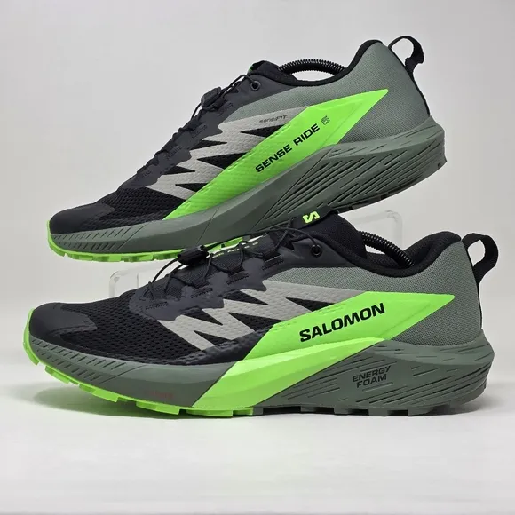 SALOMON Sense Ride 5 Black Green Grey Trail Running Shoes Men’s Size 11 New