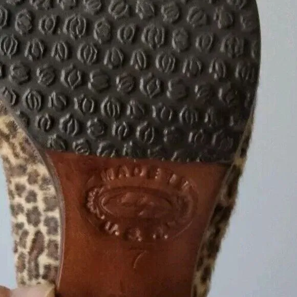 Salpy Anthropology Sz 7 Leopard Print Calf Hair Wood Sole Clogs Slides Mob Wife