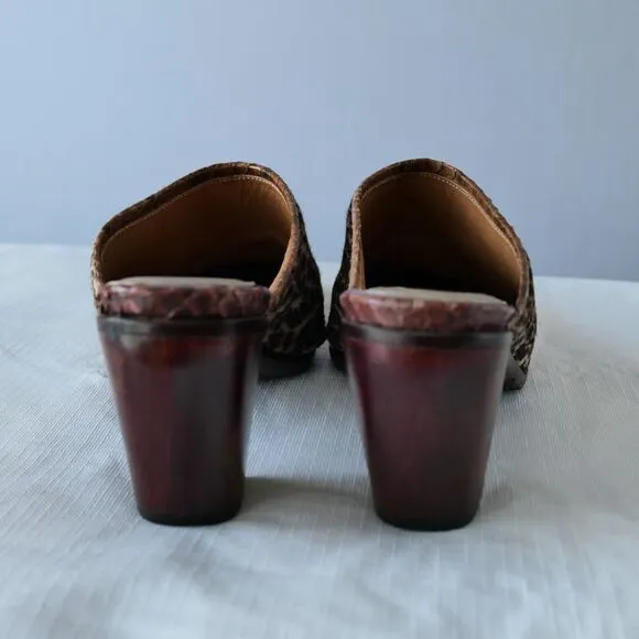 Salpy Anthropology Sz 7 Leopard Print Calf Hair Wood Sole Clogs Slides Mob Wife