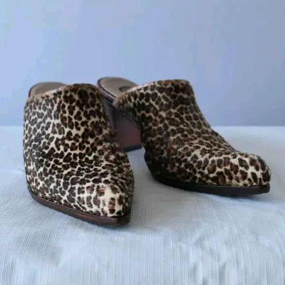Salpy Anthropology Sz 7 Leopard Print Calf Hair Wood Sole Clogs Slides Mob Wife