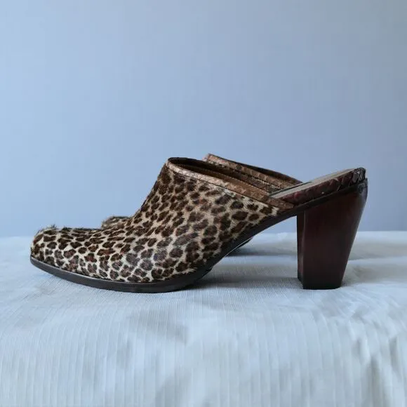 Salpy Anthropology Sz 7 Leopard Print Calf Hair Wood Sole Clogs Slides Mob Wife