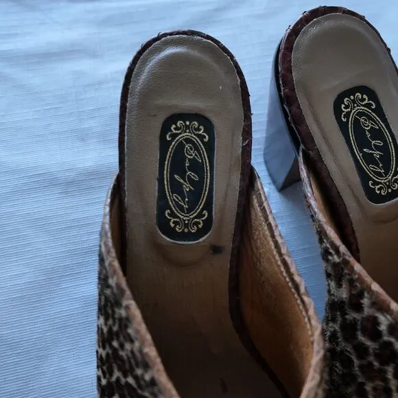 Salpy Anthropology Sz 7 Leopard Print Calf Hair Wood Sole Clogs Slides Mob Wife