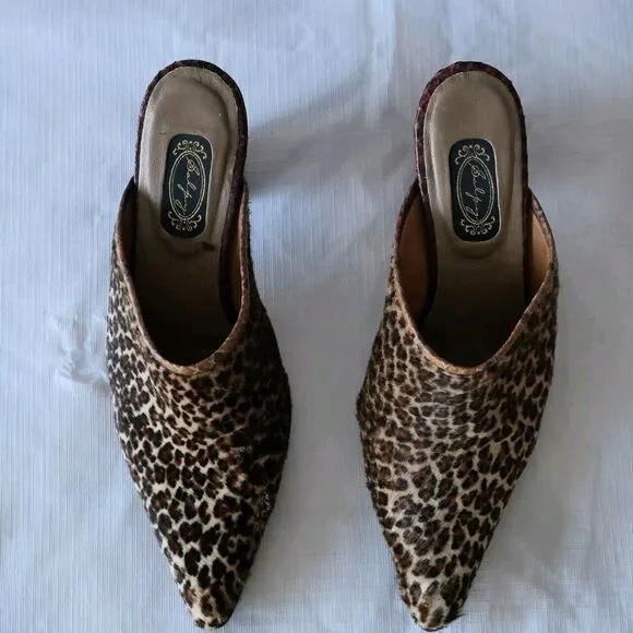 Salpy Anthropology Sz 7 Leopard Print Calf Hair Wood Sole Clogs Slides Mob Wife