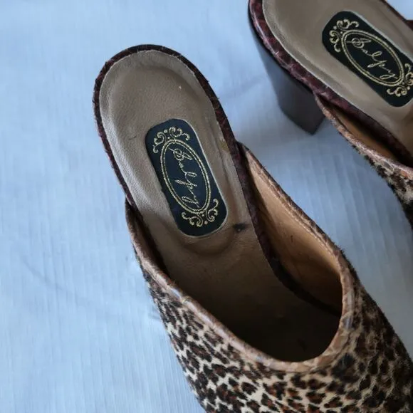 Salpy Anthropology Sz 7 Leopard Print Calf Hair Wood Sole Clogs Slides Mob Wife