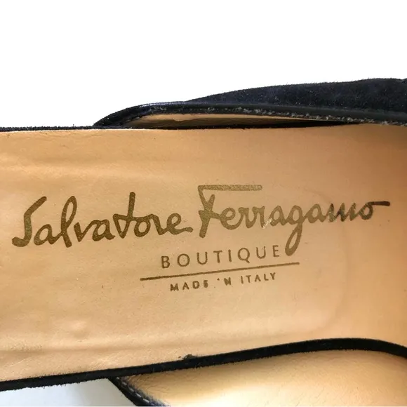 Salvatore Ferragamo Black Suede Mules Kitten Heel Embroidered Design Women’s 8.5