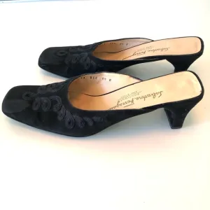 Salvatore Ferragamo Black Suede Mules Kitten Heel Embroidered Design Women’s 8.5