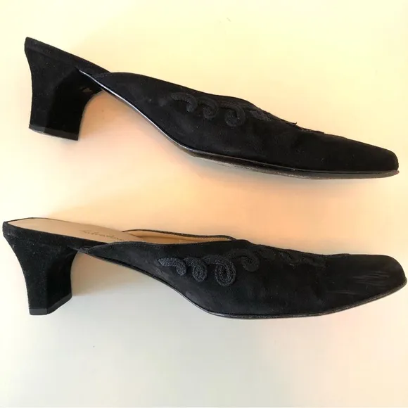 Salvatore Ferragamo Black Suede Mules Kitten Heel Embroidered Design Women’s 8.5