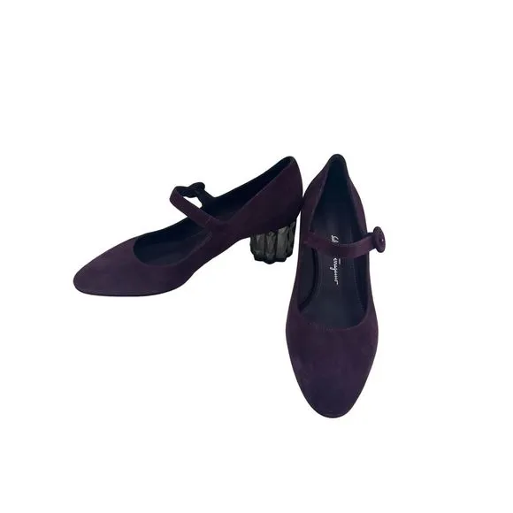 Salvatore Ferragamo Ortensia Suede‎ Mary Jane Purple Silver Geometric Heel Sz 5C