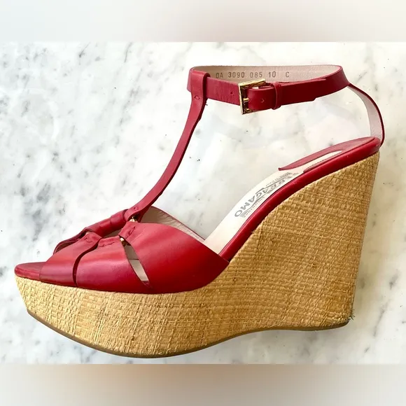 Salvatore Ferragamo red leather rattan-wrapped wedges w/ankle strap, GUC, Sz10