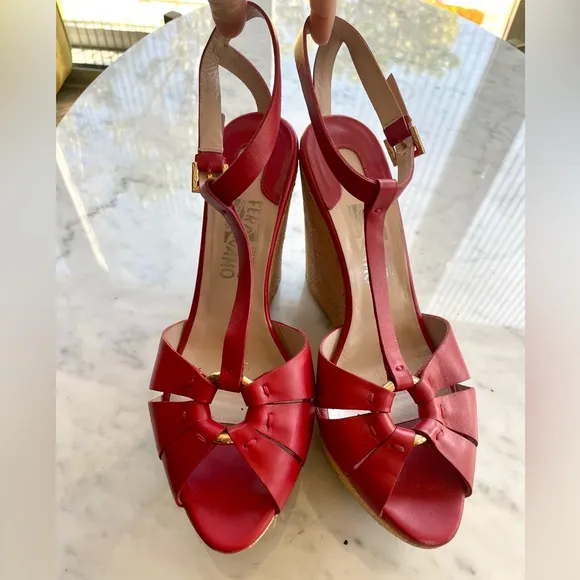 Salvatore Ferragamo red leather rattan-wrapped wedges w/ankle strap, GUC, Sz10