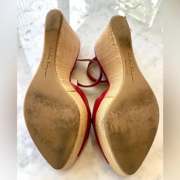Salvatore Ferragamo red leather rattan-wrapped wedges w/ankle strap, GUC, Sz10