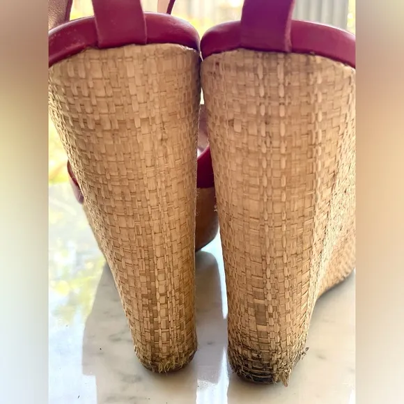 Salvatore Ferragamo red leather rattan-wrapped wedges w/ankle strap, GUC, Sz10