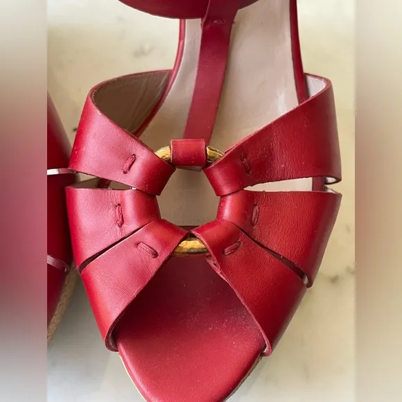 Salvatore Ferragamo red leather rattan-wrapped wedges w/ankle strap, GUC, Sz10