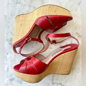 Salvatore Ferragamo red leather rattan-wrapped wedges w/ankle strap, GUC, Sz10
