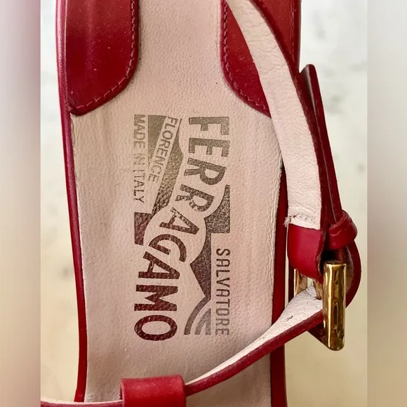 Salvatore Ferragamo red leather rattan-wrapped wedges w/ankle strap, GUC, Sz10