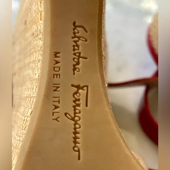 Salvatore Ferragamo red leather rattan-wrapped wedges w/ankle strap, GUC, Sz10
