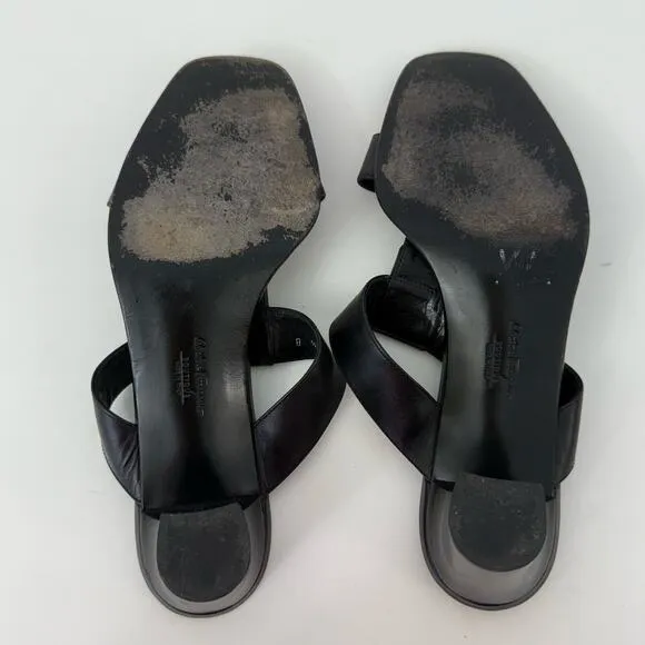 Salvatore Ferragamo T-Strap Sandals Open-Toe Mules Black Leather 9.5B