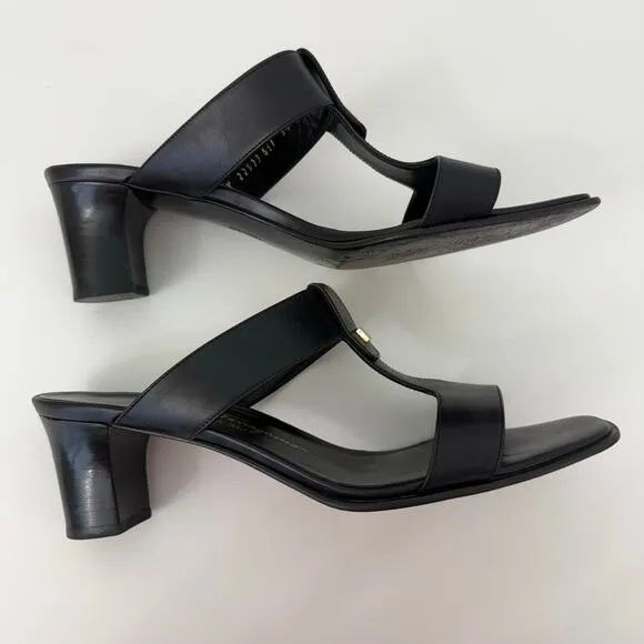 Salvatore Ferragamo T-Strap Sandals Open-Toe Mules Black Leather 9.5B