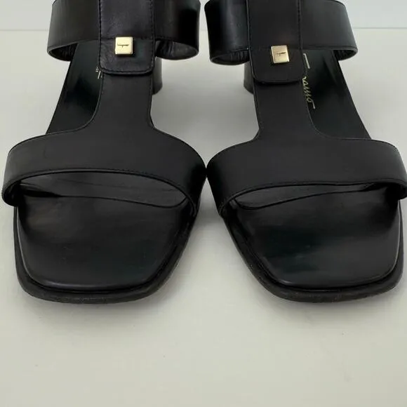 Salvatore Ferragamo T-Strap Sandals Open-Toe Mules Black Leather 9.5B