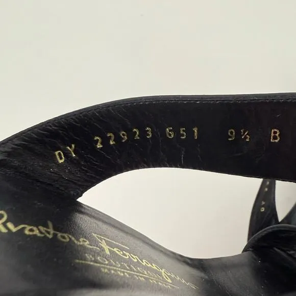 Salvatore Ferragamo T-Strap Sandals Open-Toe Mules Black Leather 9.5B