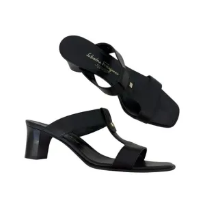 Salvatore Ferragamo T-Strap Sandals Open-Toe Mules Black Leather 9.5B