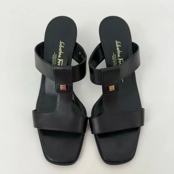 Salvatore Ferragamo T-Strap Sandals Open-Toe Mules Black Leather 9.5B
