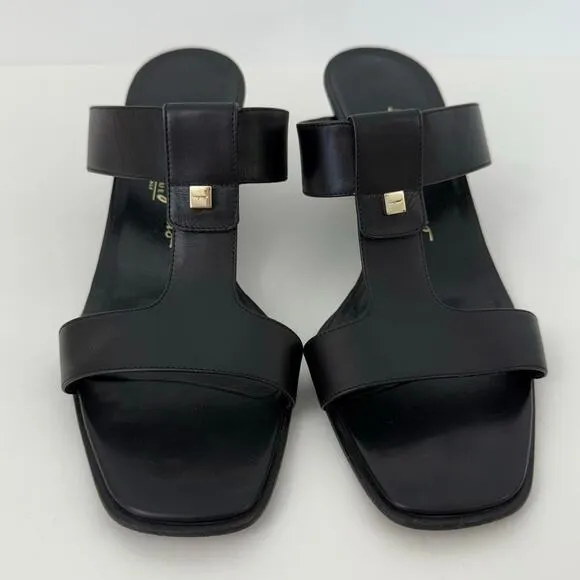 Salvatore Ferragamo T-Strap Sandals Open-Toe Mules Black Leather 9.5B