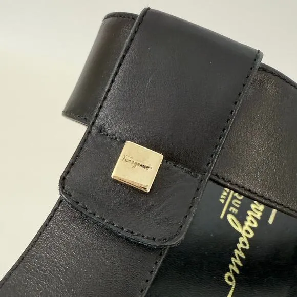 Salvatore Ferragamo T-Strap Sandals Open-Toe Mules Black Leather 9.5B