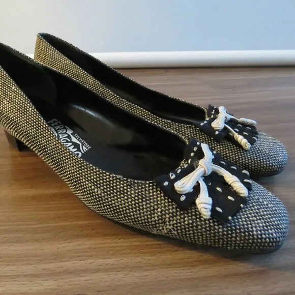SALVATORE FERRAGAMO Woven Bow Slip On Kitten Heel Pumps Shoes Academia - US 10