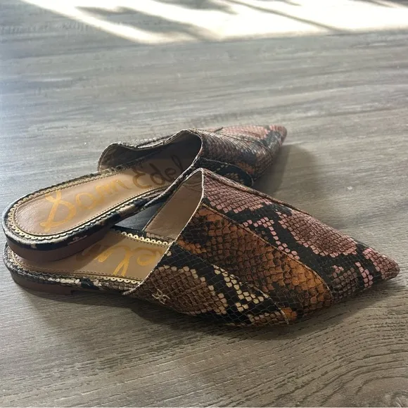 Sam Edelman Brown Snake Print Mules Leather Pointed Toe