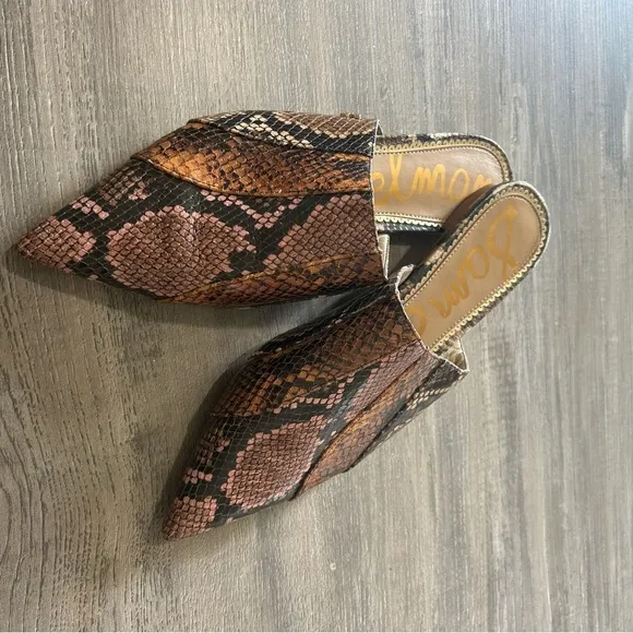 Sam Edelman Brown Snake Print Mules Leather Pointed Toe