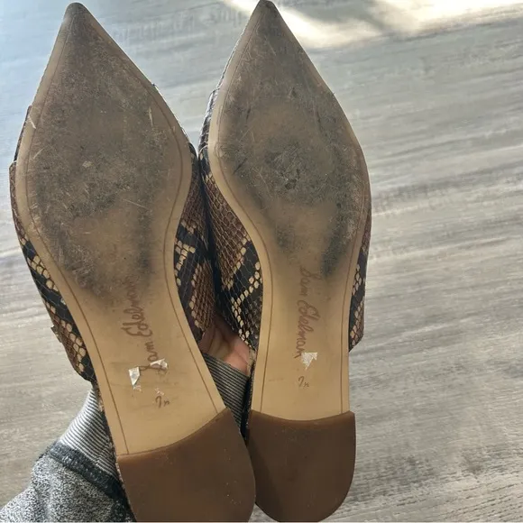Sam Edelman Brown Snake Print Mules Leather Pointed Toe
