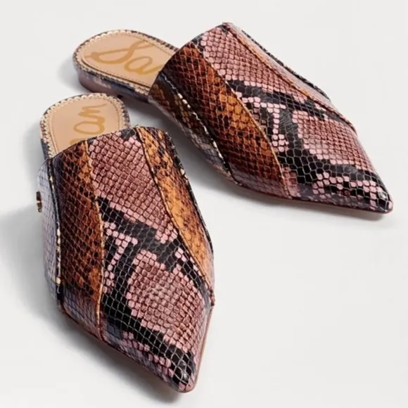 Sam Edelman Brown Snake Print Mules Leather Pointed Toe