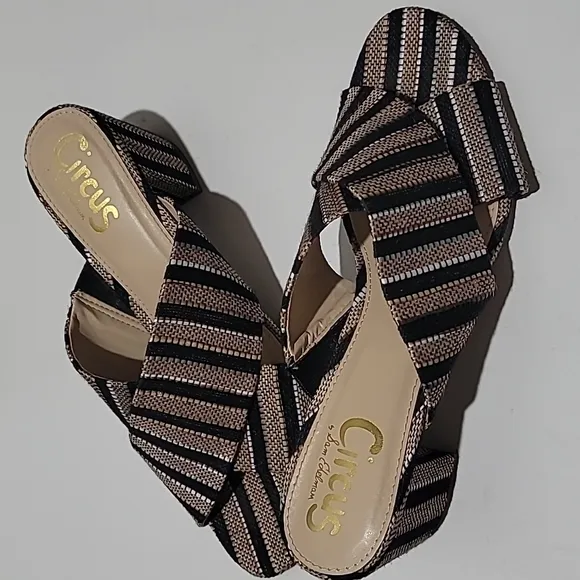 SAM EDELMAN CASUAL FALL LADYLIKE MULES TAN STRIPE SLIP ON BLOCK HEEL SANDAL 8.5M