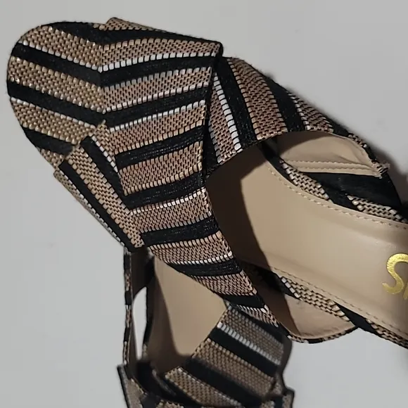 SAM EDELMAN CASUAL FALL LADYLIKE MULES TAN STRIPE SLIP ON BLOCK HEEL SANDAL 8.5M