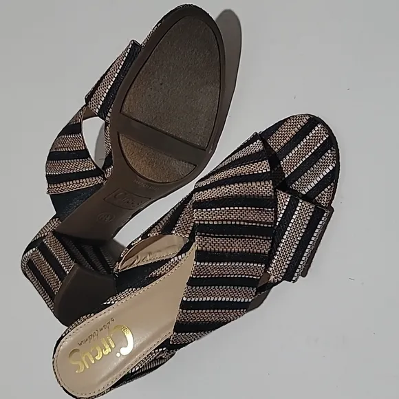 SAM EDELMAN CASUAL FALL LADYLIKE MULES TAN STRIPE SLIP ON BLOCK HEEL SANDAL 8.5M
