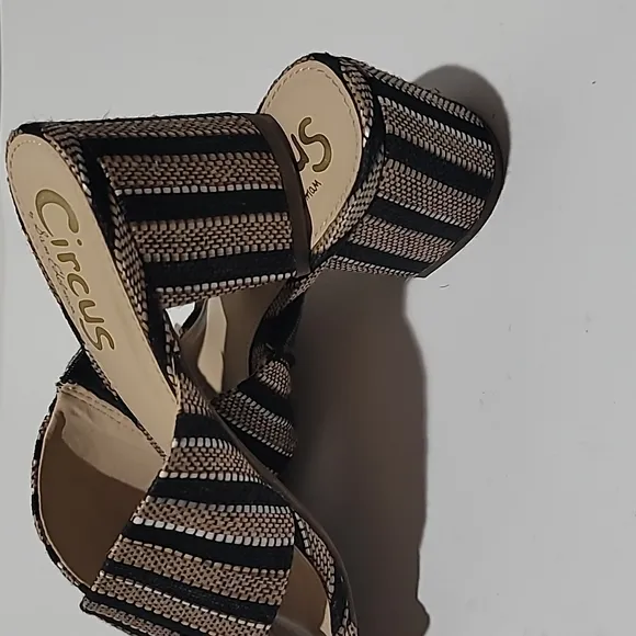 SAM EDELMAN CASUAL FALL LADYLIKE MULES TAN STRIPE SLIP ON BLOCK HEEL SANDAL 8.5M