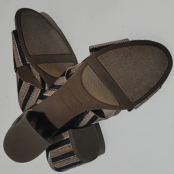 SAM EDELMAN CASUAL FALL LADYLIKE MULES TAN STRIPE SLIP ON BLOCK HEEL SANDAL 8.5M