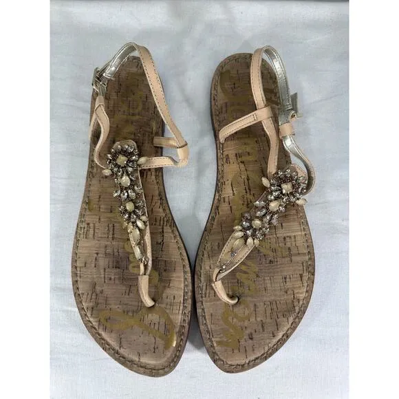 Sam Edelman Gene Woman sz 10 Embellished Leather Light Tan Neutral Dressy Sandal