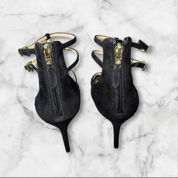 Sam Edelman Heels Pump Sz 9.5 Black Hayes Stiletto Pointed Strappy Leather Suede