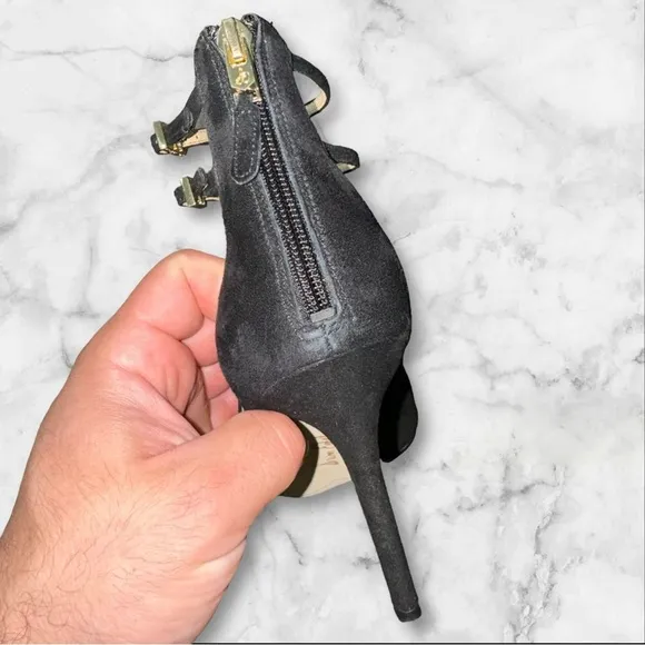 Sam Edelman Heels Pump Sz 9.5 Black Hayes Stiletto Pointed Strappy Leather Suede