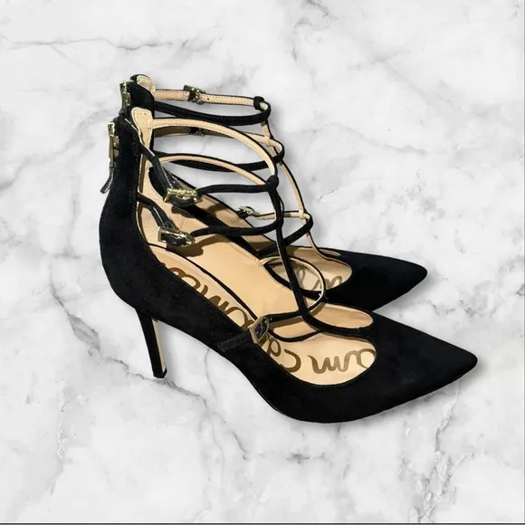 Sam Edelman Heels Pump Sz 9.5 Black Hayes Stiletto Pointed Strappy Leather Suede