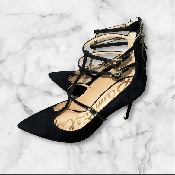 Sam Edelman Heels Pump Sz 9.5 Black Hayes Stiletto Pointed Strappy Leather Suede