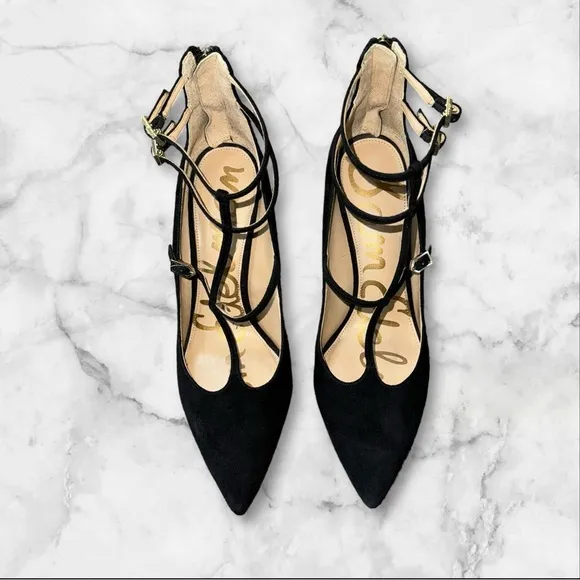 Sam Edelman Heels Pump Sz 9.5 Black Hayes Stiletto Pointed Strappy Leather Suede