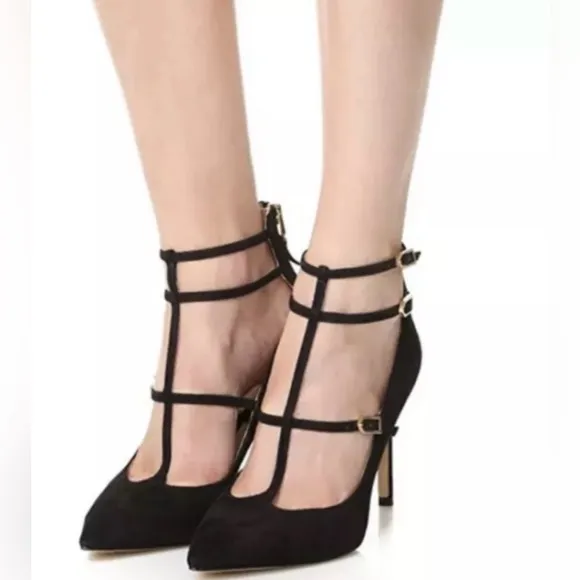 Sam Edelman Heels Pump Sz 9.5 Black Hayes Stiletto Pointed Strappy Leather Suede