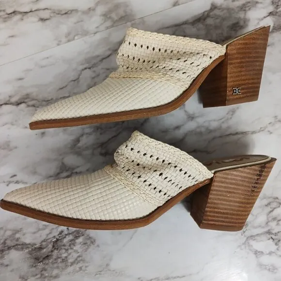 SAM EDELMAN Lillianna Slip-On Leather Heel Mules Ivory Pointed Toe women's sz.8