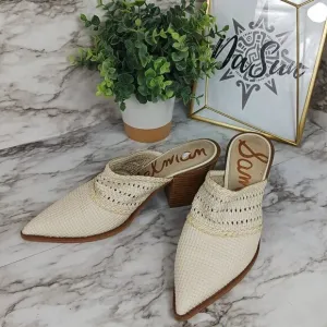 SAM EDELMAN Lillianna Slip-On Leather Heel Mules Ivory Pointed Toe women's sz.8