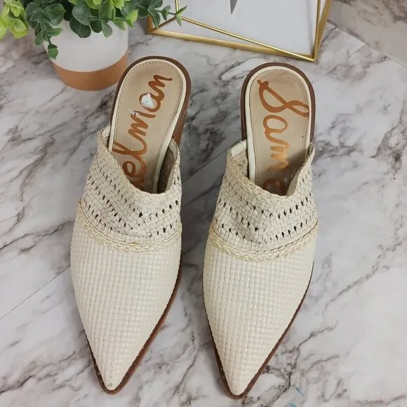SAM EDELMAN Lillianna Slip-On Leather Heel Mules Ivory Pointed Toe women's sz.8