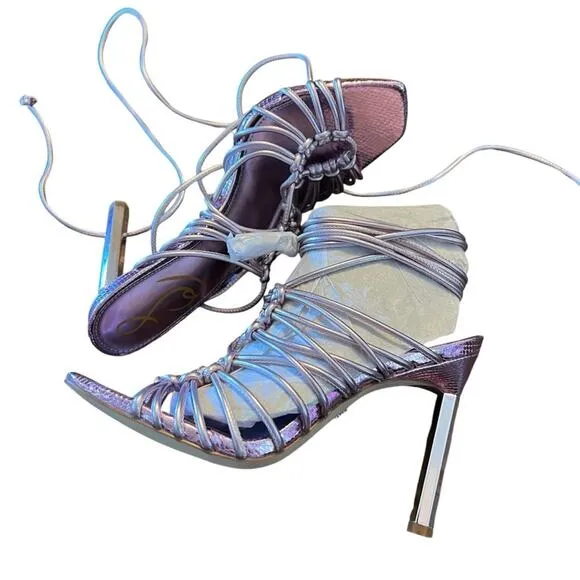 Sam Edelman Lylah Lilac Metallic Square Toe Strappy High Heels Ankle Wrap NEW 6