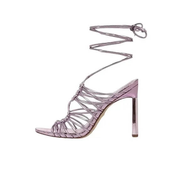 Sam Edelman Lylah Lilac Metallic Square Toe Strappy High Heels Ankle Wrap NEW 6
